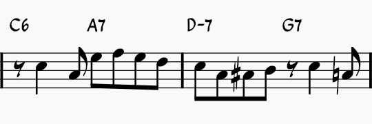 Measures 3 and 4 of Oleo showing jazz notation with C6, A7, D-7, and G7 turnaround chords.